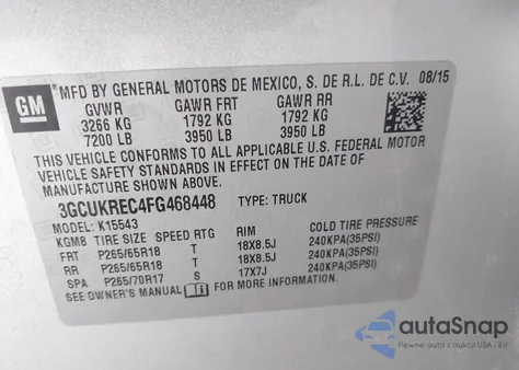 2015 Chevrolet Silverado 1500 2Lt from USA, damaged, VIN 3GCUKREC4FG468448